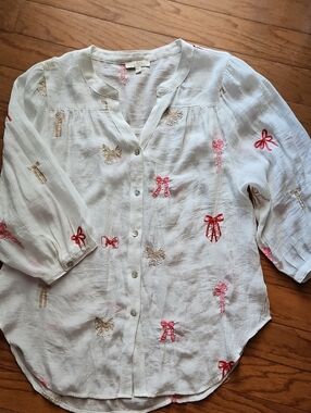 FIG + FLOWER WHITE BOW EMBROIDERED COTTON BLOUSE SZ L